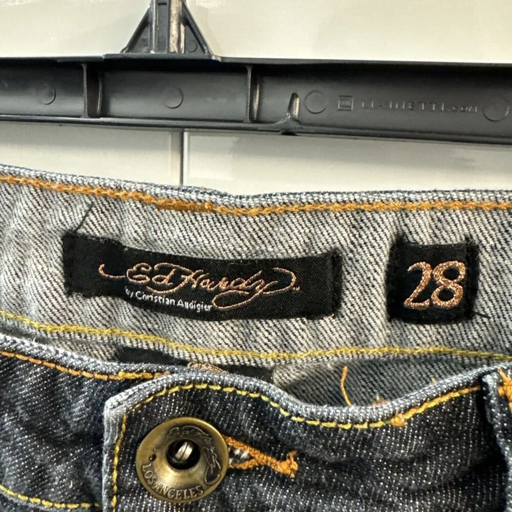 Vintage Ed Hardy Denim Mini Skirt Womens 28 Dark Blue Spell Out Rhinestones‎